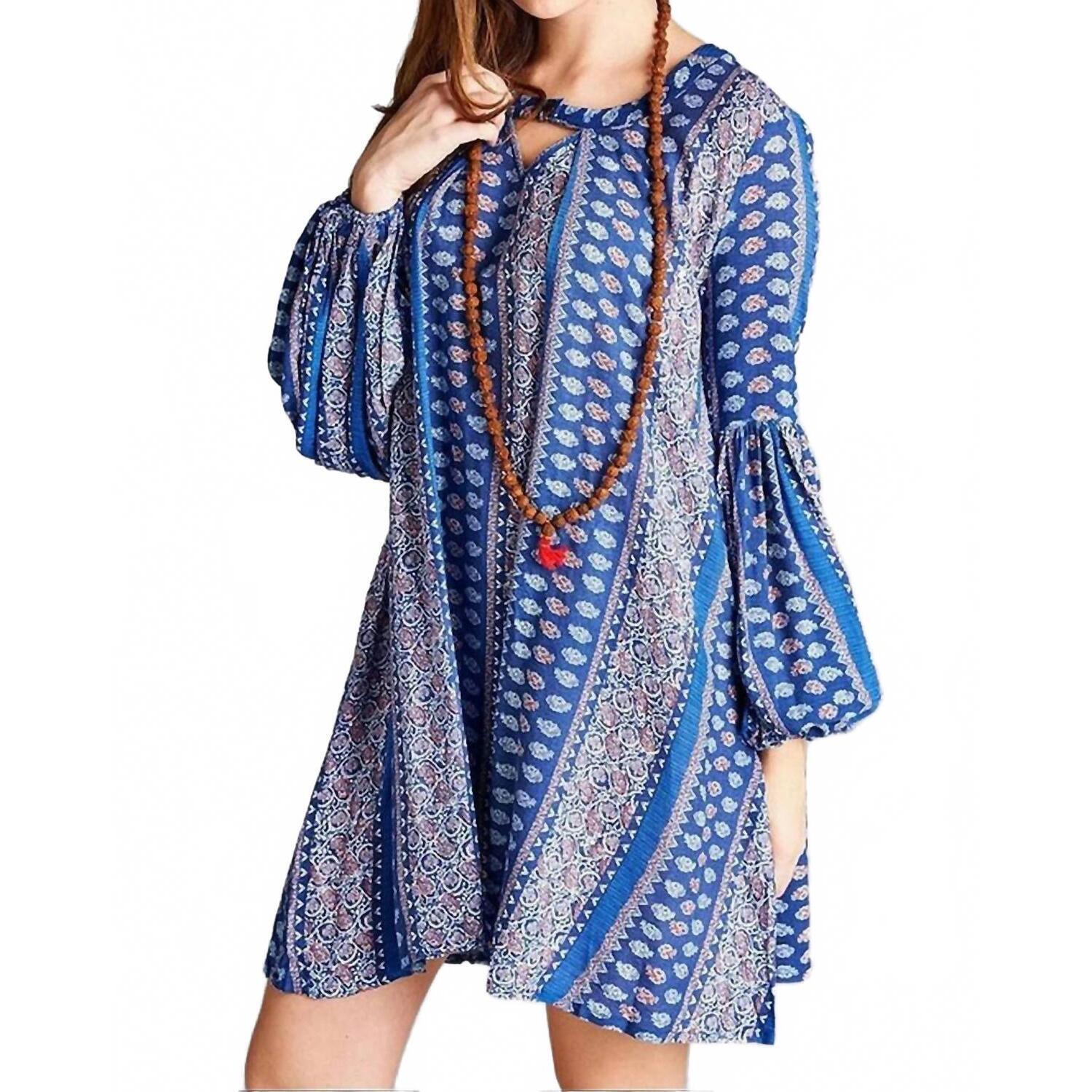 New Velzera Floral Paisley Keyhole Neckline Mini Dress In Blue Multi